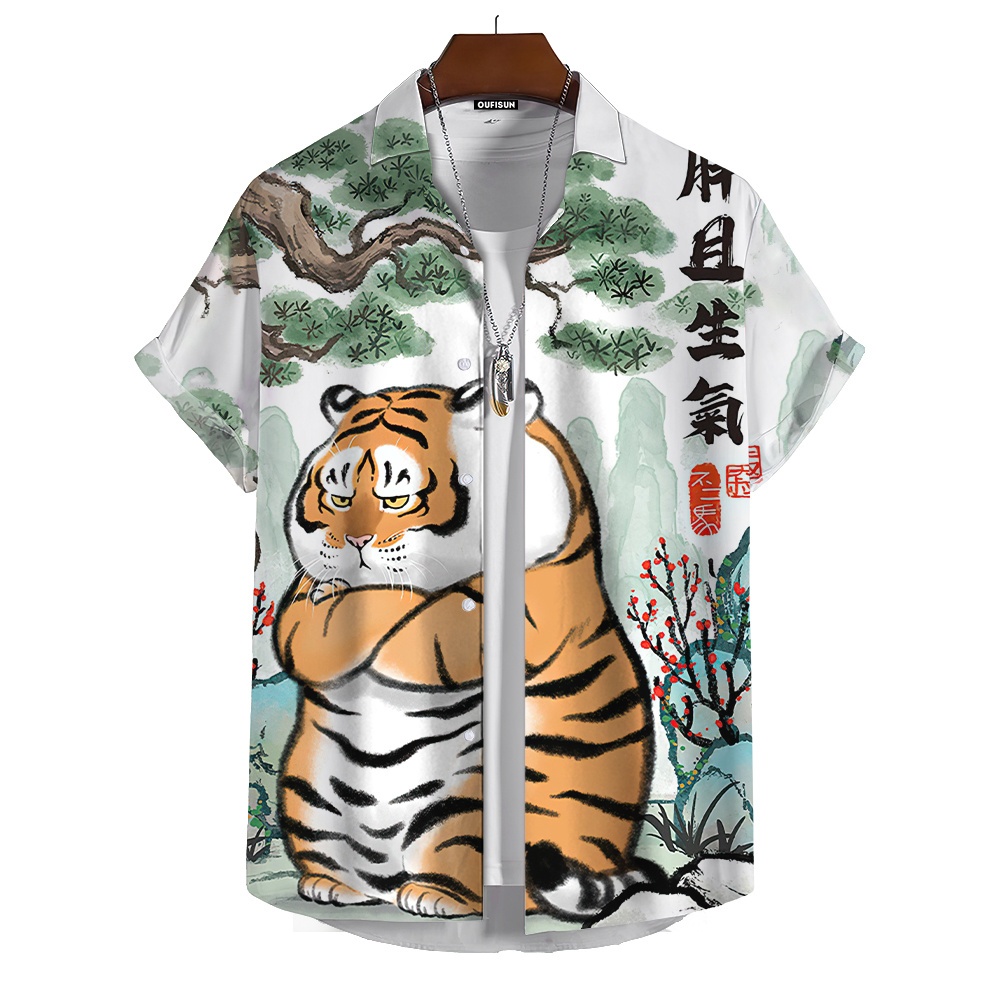Oufisun การ์ตูนไขมัน Tiger Series ฤดูร้อนผู้ชายและผู้หญิงเสื้อ Retro พิมพ์เสื้อ Hip-Hop Street ดอกไม้เสื้อผู้ชายแขนสั้นด้านบน