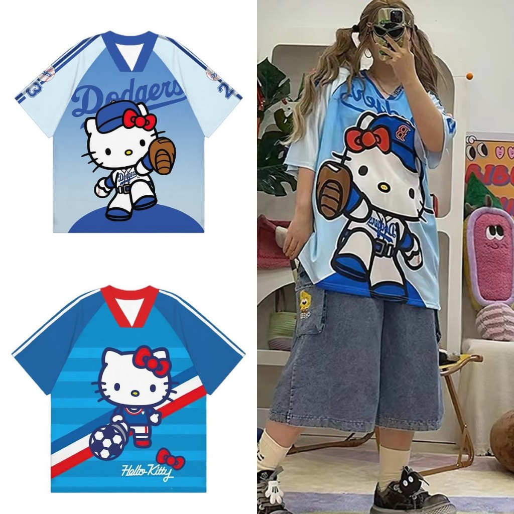 สไตล์เกาหลี เสื้อยืด Unisex ralan sleeve เสื้อยืดกีฬาหลวมขนาดใหญ่พิมพ์ลายน่ารัก Kitty Cat Street สวมใส่สําหรับสาวเทรนด์มาแรง 2567