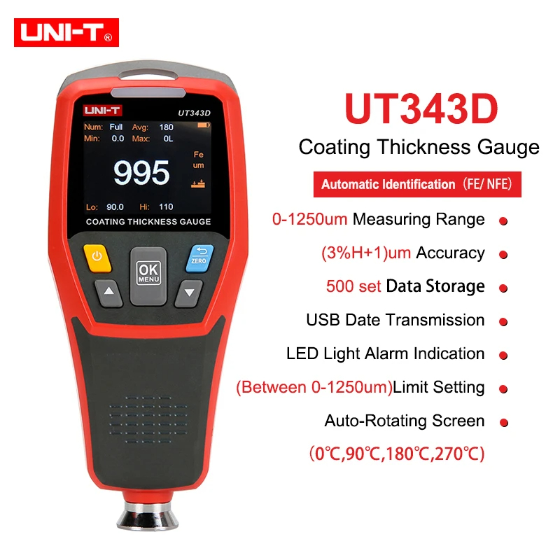เครื่องมือวัดความหนาผิวเคลือบ UNI-T UT343A   UT343D ดิจิตอล สำหรับวัดความหนาสีเคลือบรถยนต์ Coating T