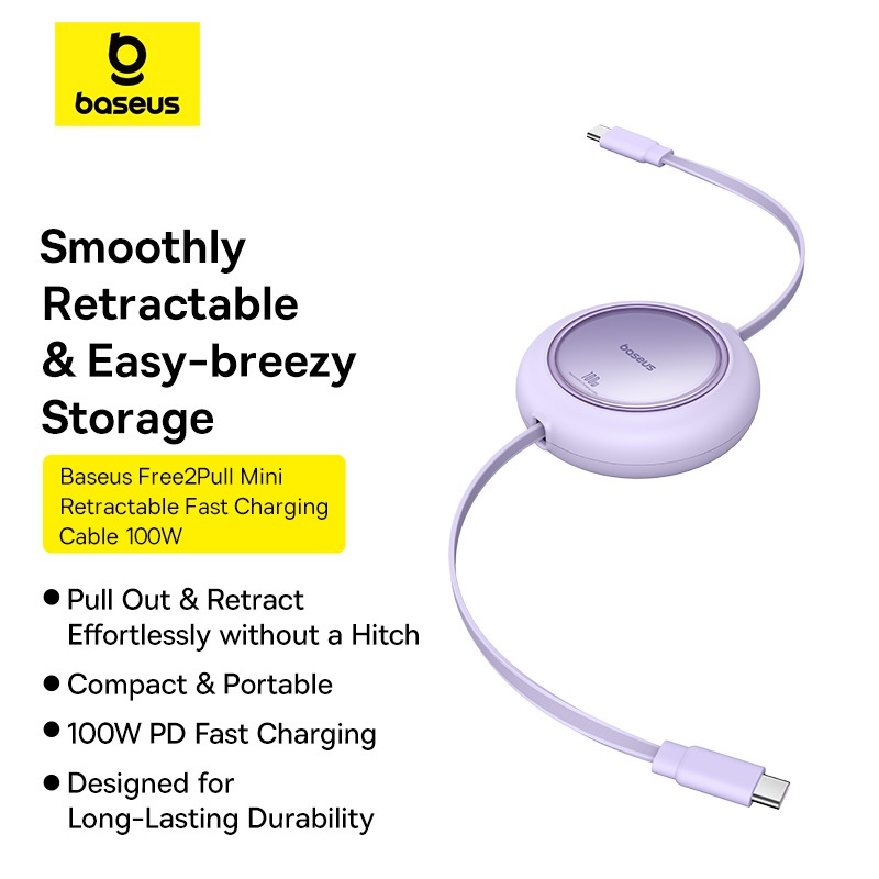Baseus Free2Pull สายชาร์จขนาดเล็กแบบยืดหดได้ USB-C ถึง USB-C 100W 1.5 ม. สายเคเบิลข้อมูลชาร์จเร็ว