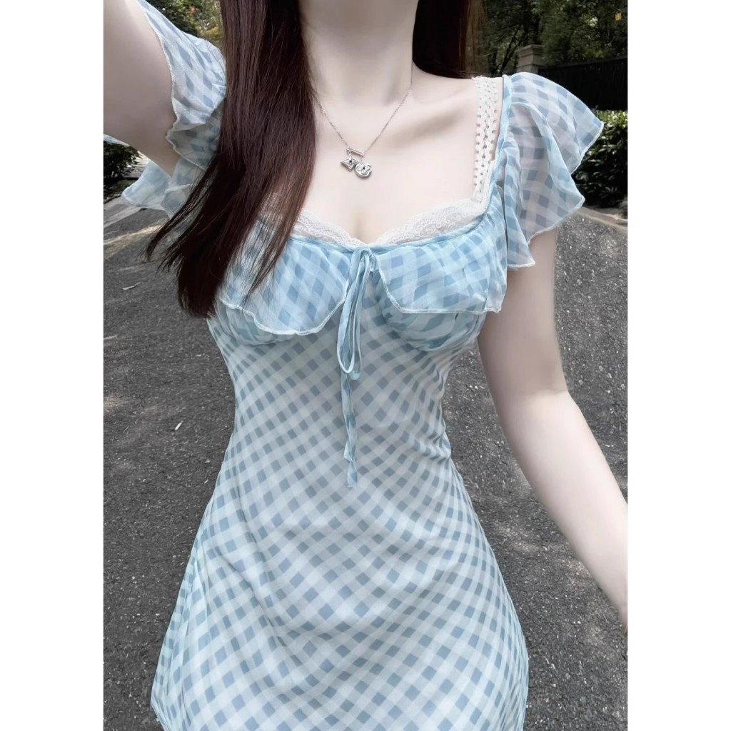 【BANKO】ชุดเดรสสลิงลายสก๊อตสีน้ําเงินผู้หญิงฤดูร้อนเอวแคบกระโปรงทรงเอ