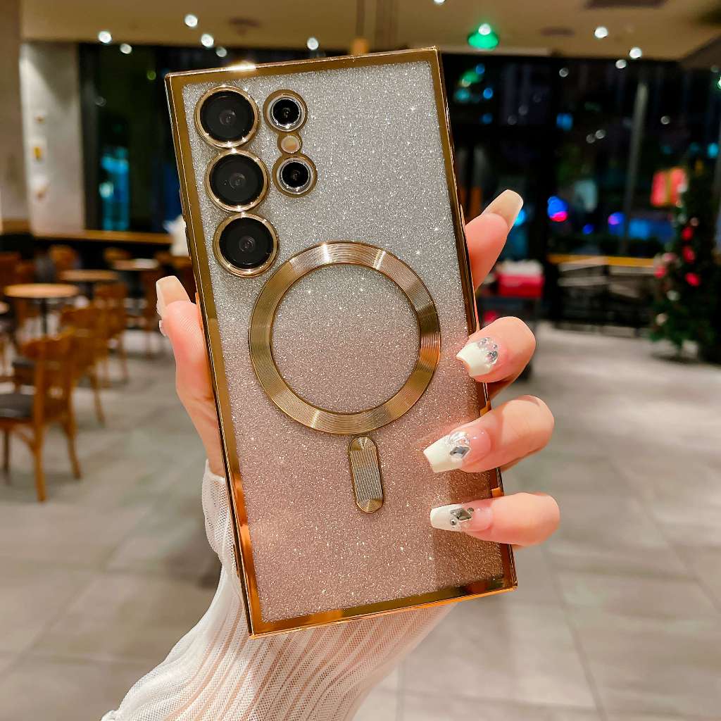 SAMSUNG ไร้สายแม่เหล็กโปร่งใสสําหรับsamsung Galaxy S25 Ultra S24 Ultra S23 S22 S21 S23 FE S24 FEหมายเหตุ20 UltraชุบGlitterกันกระแทกปลอกนุ่ม