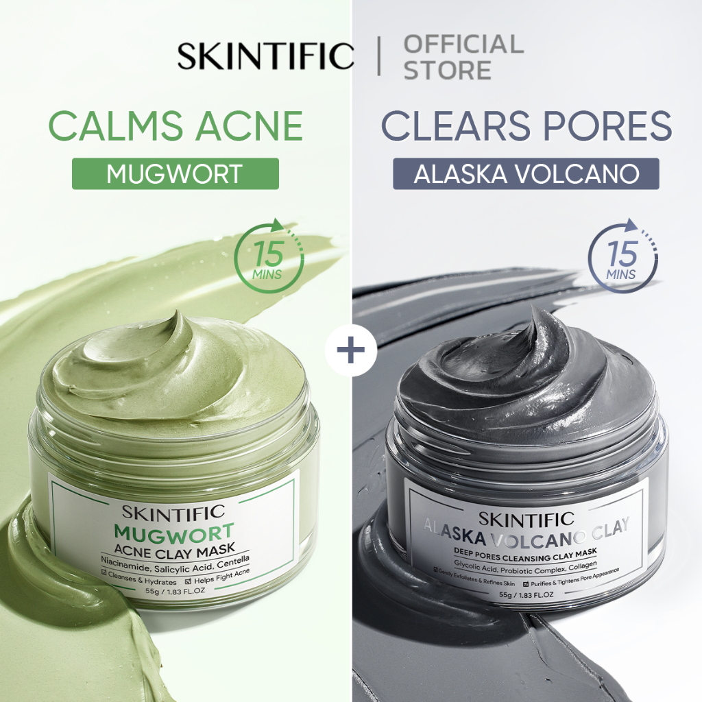 【2PCS】SKINTIFIC มาสก์โคลนมักเวิร์ด 55g（ลดรอยแดง ลดการอักเสบ กระชับรูขุมขนและลดสิว) Mugwort Anti Acne Clay Mask