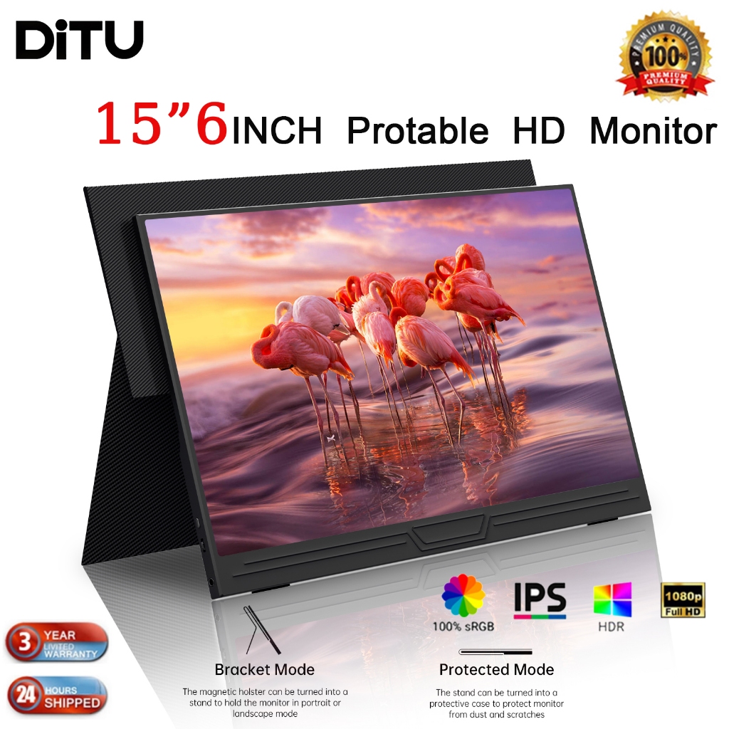 DITU 14‘’/15.6นิ้วจอภาพแบบพกพา PORTABLE MONITOR  1920*1080P IPS แบบพกพาลำโพงคู่ในตัวรองรับการใช้งานกับคอมพิวเตอร์แล็ปท็ เชื่อมต่อกับคอน Gaming Monitor สําหรับ PC PS3/4/5 สวิทช์ Xbox แล็ปท็อป
