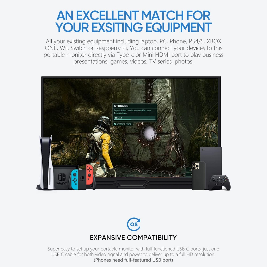 DITU 14‘’/15.6นิ้วจอภาพแบบพกพา PORTABLE MONITOR  1920*1080P IPS แบบพกพาลำโพงคู่ในตัวรองรับการใช้งานกับคอมพิวเตอร์แล็ปท็ เชื่อมต่อกับคอน Gaming Monitor สําหรับ PC PS3/4/5 สวิทช์ Xbox แล็ปท็อป - รูปที่ 3