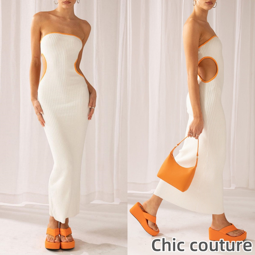 Wlmz-ผู้หญิง ́ Bodycon Tube Dress Strapless Side Cutout Contrast Color Ribbed Long