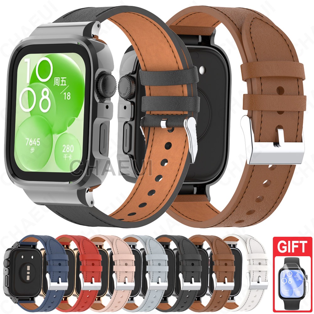 สายหนังพร้อมเคสสายรัดข้อมือสร้อยข้อมือเปลี่ยนสําหรับ Huawei Watch Fit 3 4