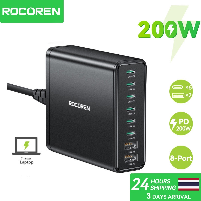 Rocoren 200W GaN ชิป Fast Charging PD QC3.0 6C + 2A Desktop Energy Station ชาร์จความเร็วสูงสําหรับ Protocols ส่วนใหญ่ Fast ชาร์จแล็ปท็อปโทรศัพท์