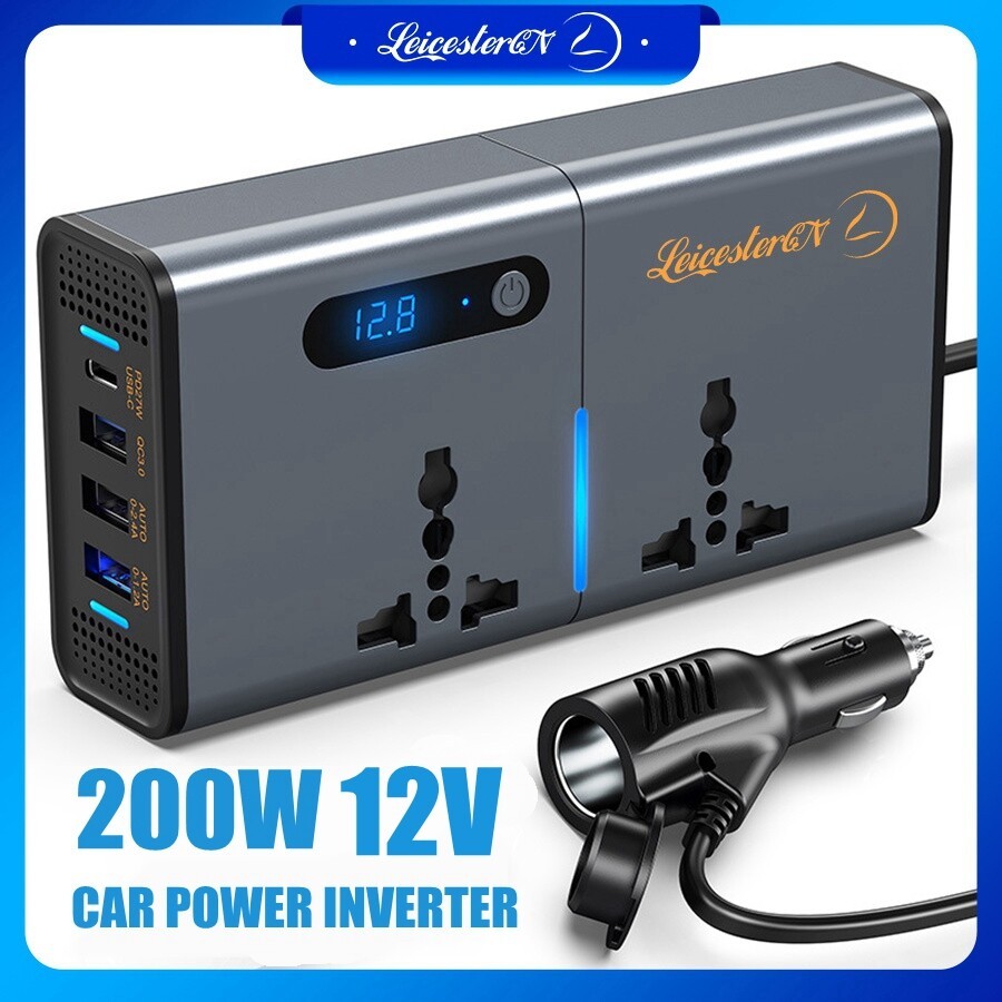 Lst อะแดปเตอร์แปลงไฟ 200W DC 12V เป็น AC220V พร้อม 1.2A&2.4A USB 1 QC3.0 USB และ 1 พอร์ต Type C สําหรับรถยนต์