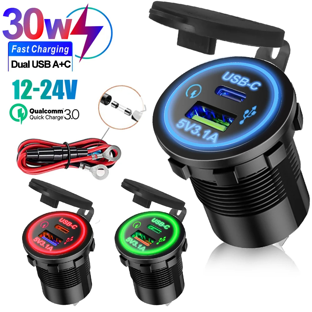 ที่ชาร์จในรถยนต์ USB-A+C 3.1A อะแดปเตอร์ชาร์จดัดแปลงรถยนต์และรถจักรยานยนต์