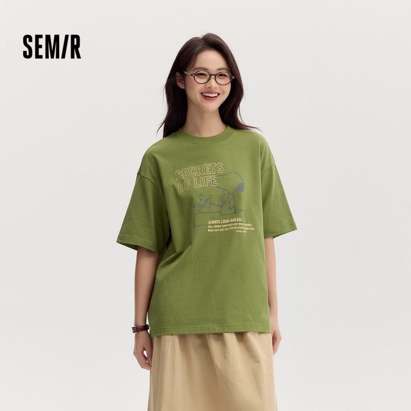 เซมีร์ [เก็บ พิเศษ] ผู้หญิงแขนสั้นทีเสื้อความยาวปานกลางพิมพ์ลายมาใหม่ฤดูใบไม้ร่วง2024ผ้าฝ้ายแท้