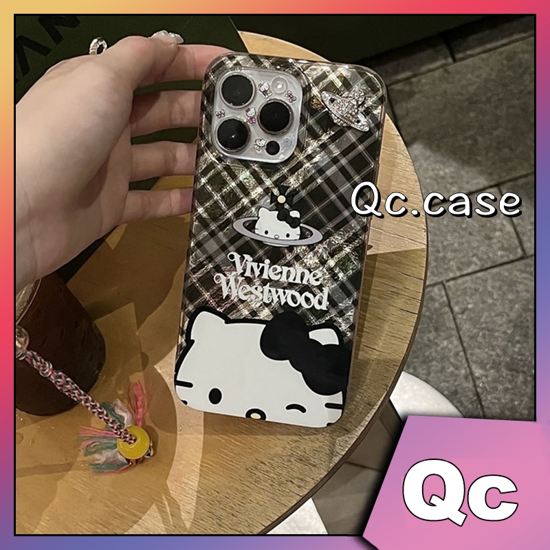 Qcเคสเช็คเพชรสไตล์เกาหลี Kitty cat full edge tpu soft Caseเคสโทรศัพท์Iphone 15 case iphone 14 case i