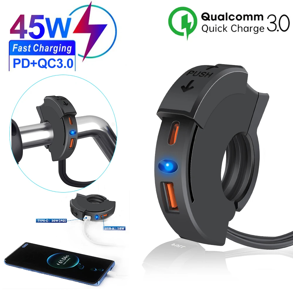 [QC 3.0 Fast Charging] Motorcycle USB Charger Waterproof - Dual Port Type C & USB, 12V PD Outlet for