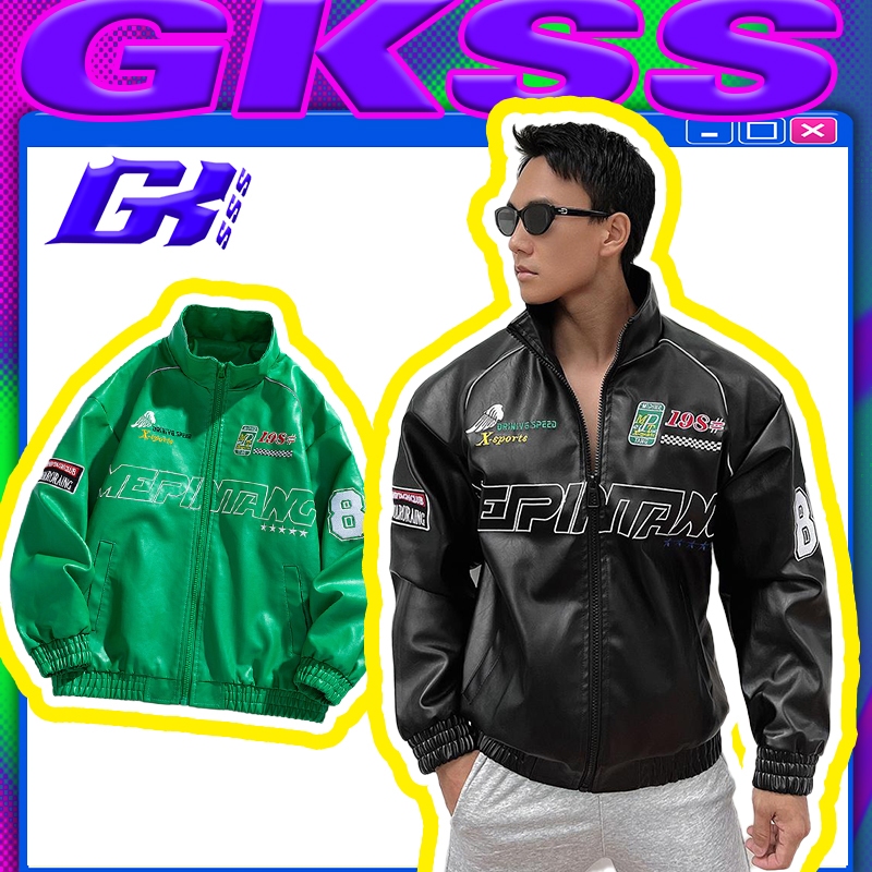 GKSSS แจ็คเก็ทหนังPUหัวรถจักรย้อนยุคอเมริกันเสื้อแจ็คเก็ตทรงหลวมลำลอง