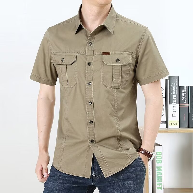 ฤดูร้อนบางสไตล์ Workwear เสื้อผู้ชายแฟชั่นอินเทรนด์ Casual กระเป๋าคู่ Breathable กลางแขนเสื้อผู้ชาย All-Match หลวมครึ่งแขนเสื้อนิ้วผู้ชาย M-