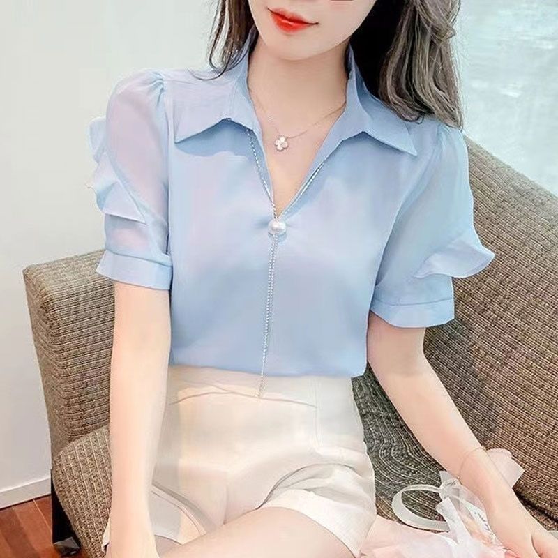 ใหม่แฟชั่นผู้หญิงเสื้อแขนสั้นเสื้อชีฟองคอวีหวานใบบัวเสื้อลูกไม้สีขาวสีฟ้าสีแดงสุภาพสตรีท็อปส์
