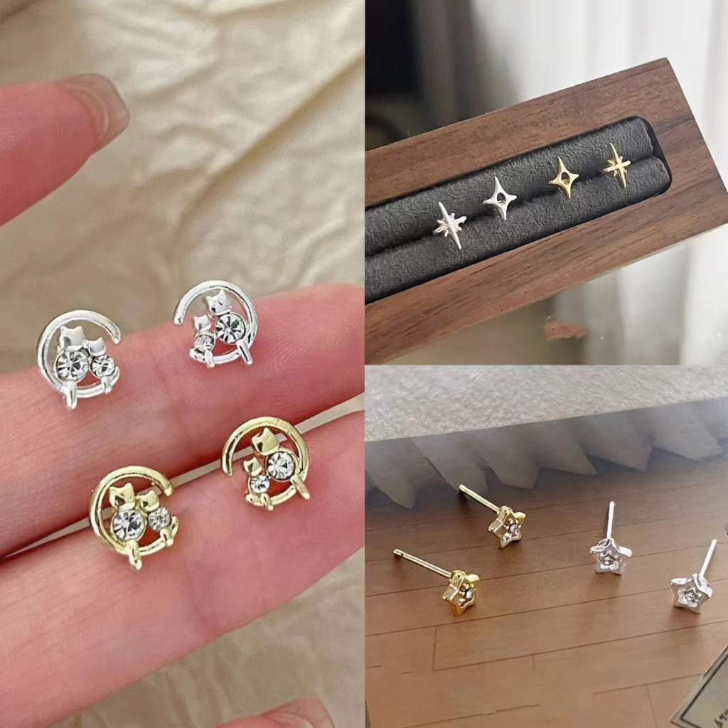 แมวต่างหูน่ารัก Hollow Star ต่างหูไม่สมมาตร Light Star Niche Design ต่างหูประณีต