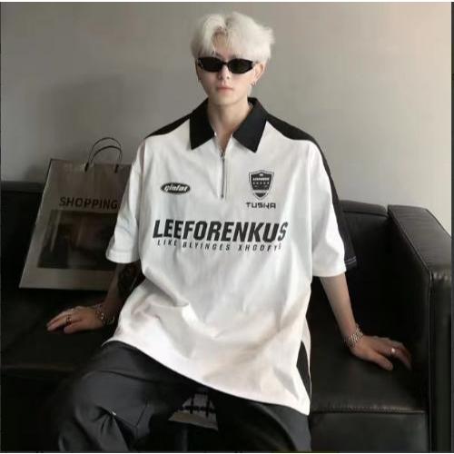 Proman-american ยอดนิยม ผู้ชาย POLO แขนสั้น พิมพ์ลาย ถนนสูง ซิปครึ่ง ราคาถูก Shopee Lazada