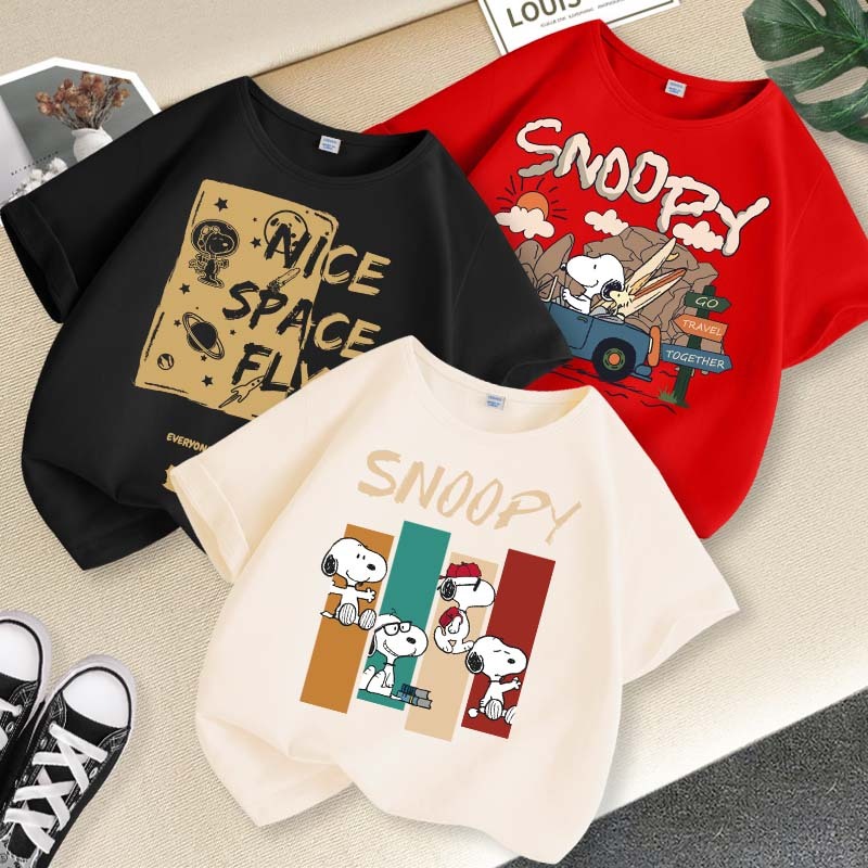 [110cm-160cm]WGQ เสื้อยืดแขนสั้น Snoopy พิมพ์ลาย แฟชั่นฤดูร้อน เด็กชายแขนสั้น