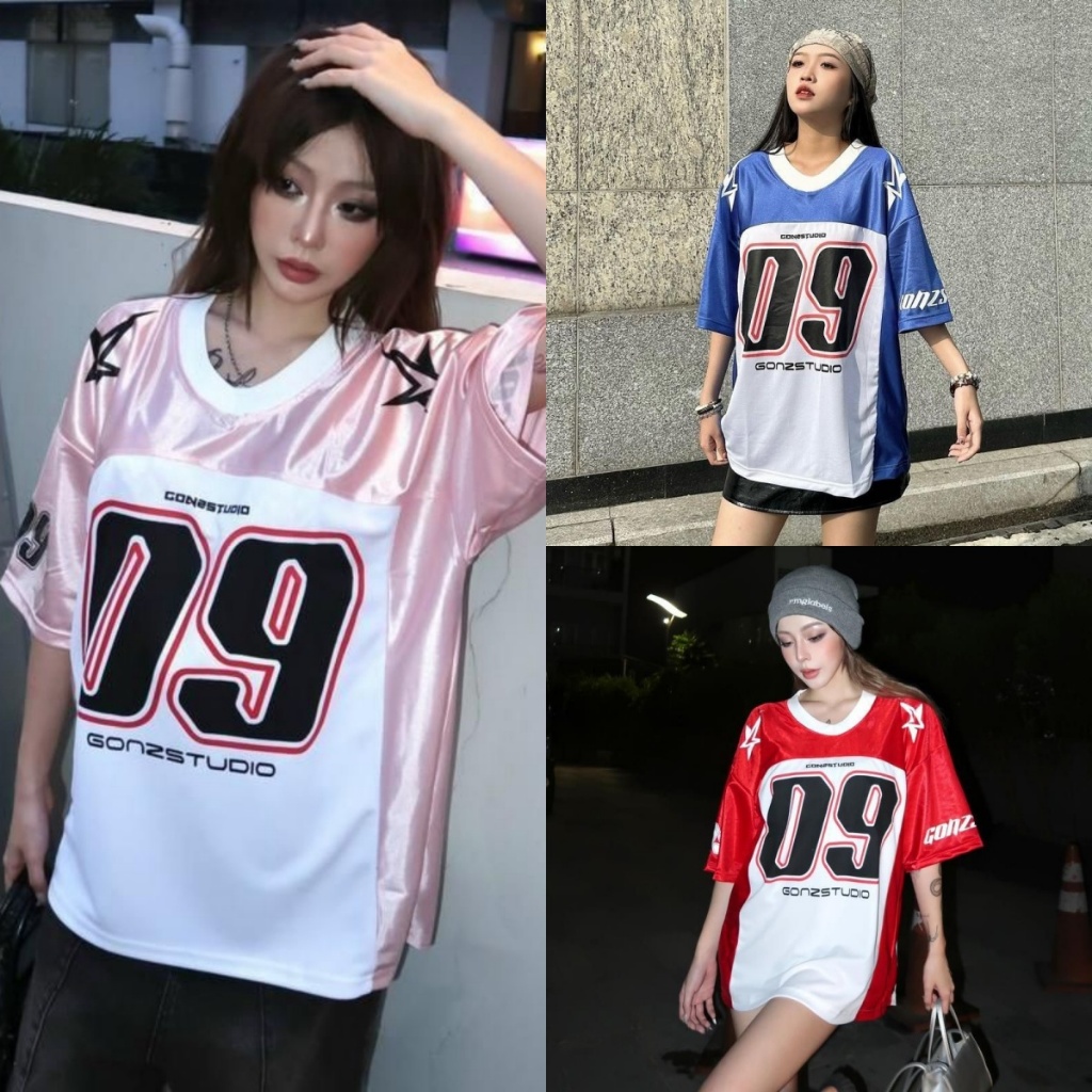 (เก็บเงินปลายทาง) เสื้อยืดหลวมขนาดใหญ่ Size 9 Jersey V คอพิมพ์ตัวอักษรเสื้อยืดแฟชั่นผู้หญิงเสื้อผ้า