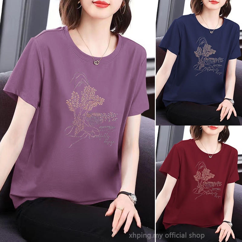 แม่ เสื้อเชิ้ตแขนสั้นแฟชั่นขนาดบวกหลวมอารมณ์ผู้หญิงชั้นนํา