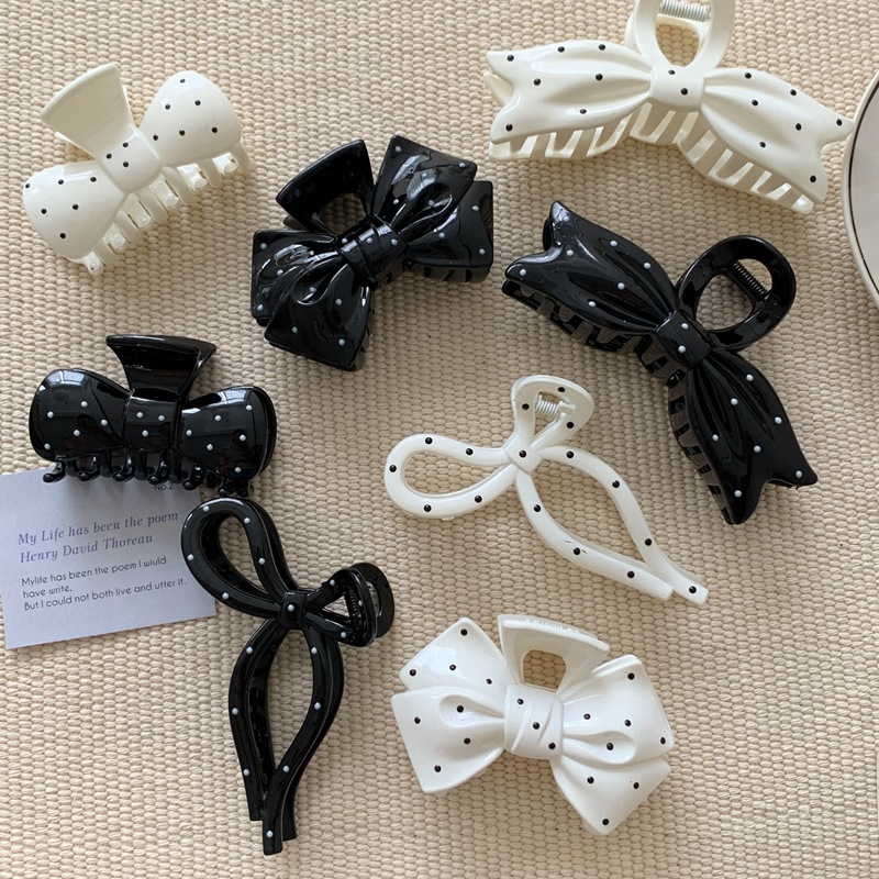 French Eetro Hairpin อะคริลิคสีดําและสีขาว Polka Dot Bow กิ๊บติดผม Series Girls Back Of Head Tie ผม Shark คลิปผู้หญิงแฟชั่นอุปกรณ์เสริมผม