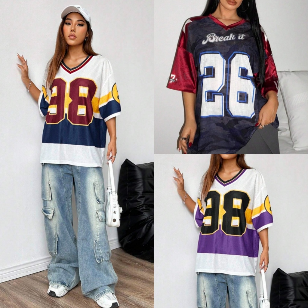 เสื้อยืดผู้หญิง เวอร์ชั่นเกาหลีดิจิตอลย์คอวีแร็กแลนแขนสั้นเสื้อยืดถนนกีฬาแฟชั่นอินเทรนด์ผู้หญิงเสื้อยืดที่สําคัญ