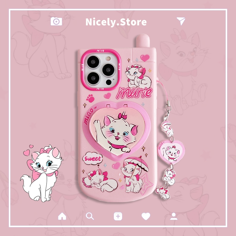 เคสโทรศัพท์มือถือ TPU ลายแมวมารีน่ารัก พร้อมกระจกแต่งหน้า และสายโซ่คล้อง สําหรับ iPhone 15 14 13 12 Pro Max 11