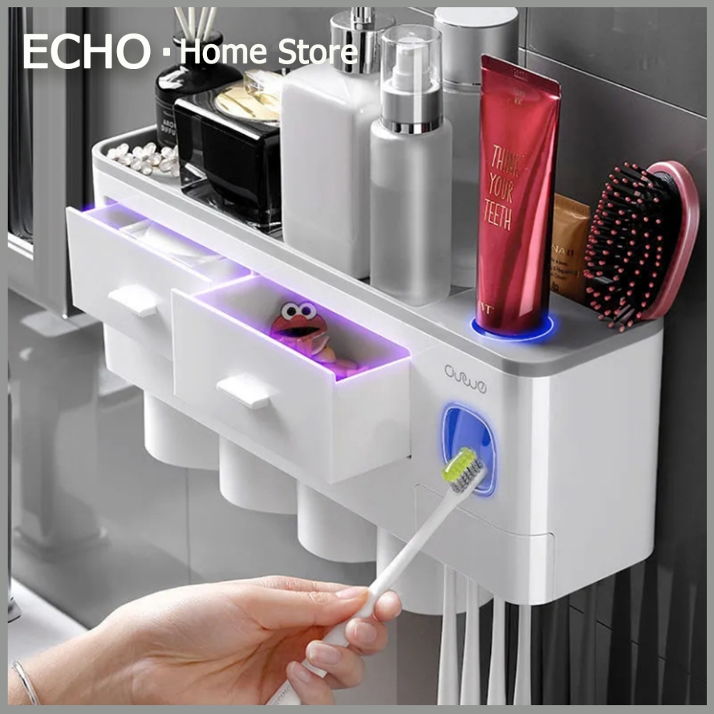 เครื่องบีบยาสีฟันอัตโนมัติพร้อมที่ใส่แปรงสีฟันและผนังถ้วยน้ําในตัว