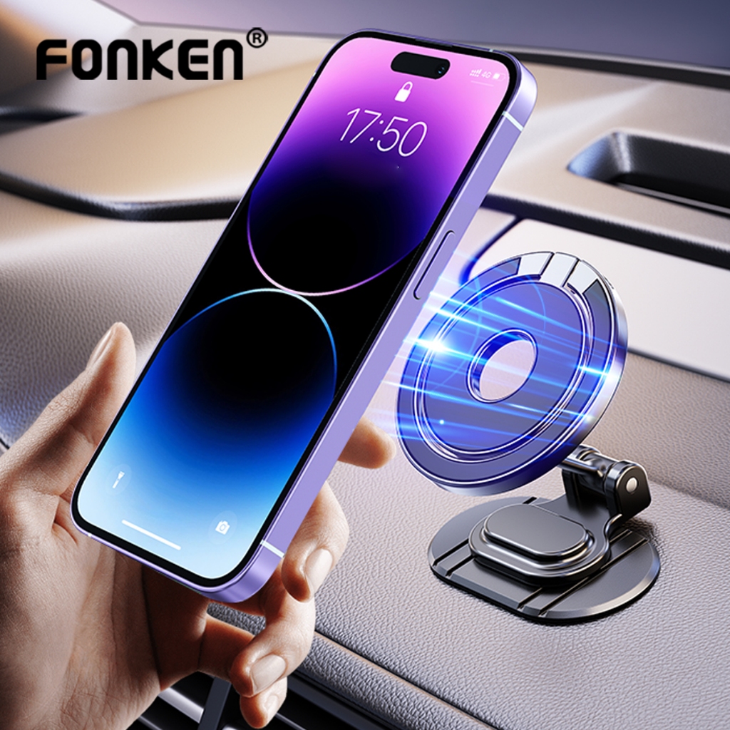 Fonken Mgsafe ที่วางโทรศัพท์มือถือสําหรับรถยนต์ที่ยึดแม่เหล็กแบบพับได้ขาตั้งโทรศัพท์โลหะผสมติดรถยนต์สําหรับโทรศัพท์ทั้งหมด