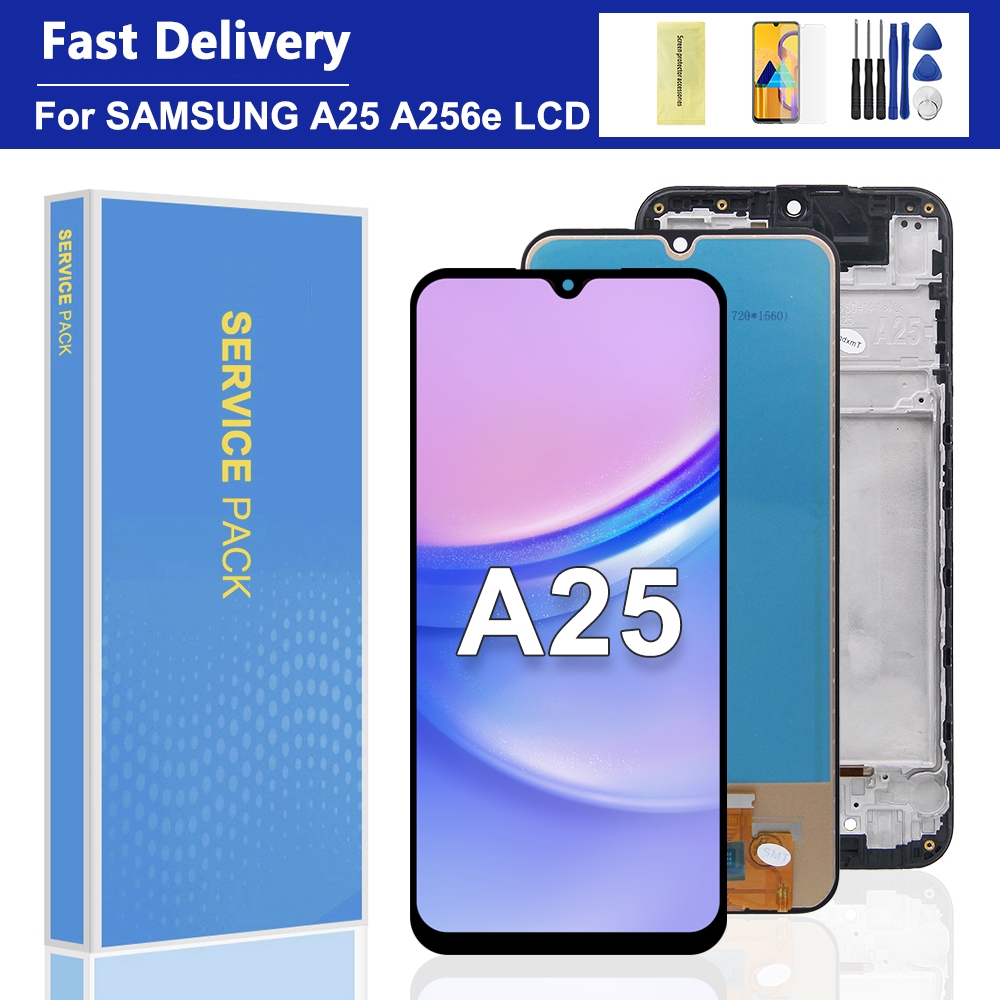 AMOLED Samsung Galaxy A25 5GจอแสดงผลLCD A256E A256E/DS A256E/DSSNหน้าจอสัมผัสพร้อมกรอบเปลี่ยน