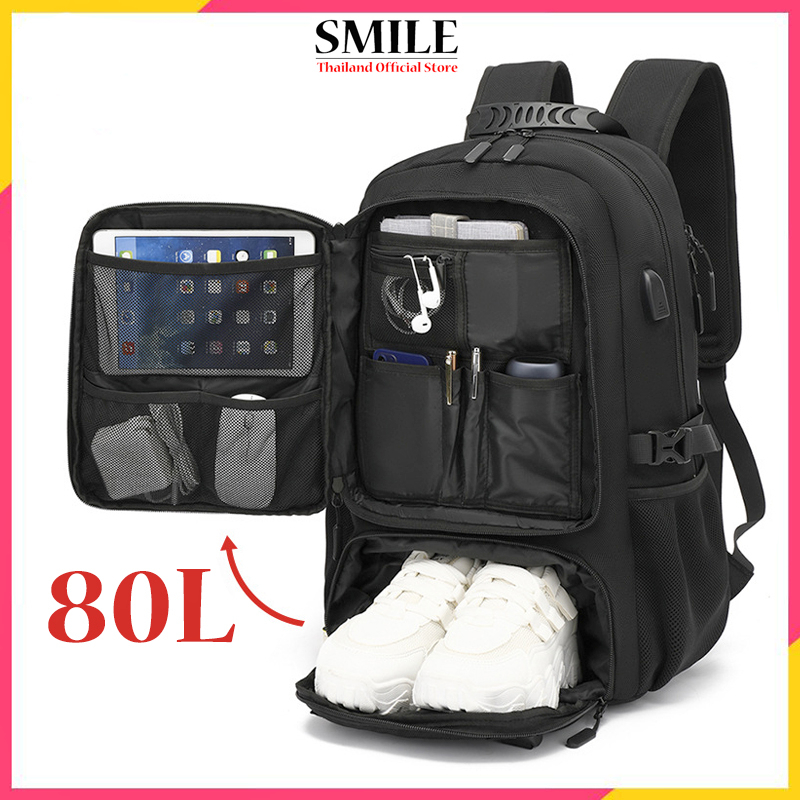 กระเป๋าเป้สะพายหลังเดินทาง 80ล ขนาดใหญ่ขยายได้สําหรับผู้ชายพร้อมพอร์ตชาร์จ ยูเอสบี กันน้ํา