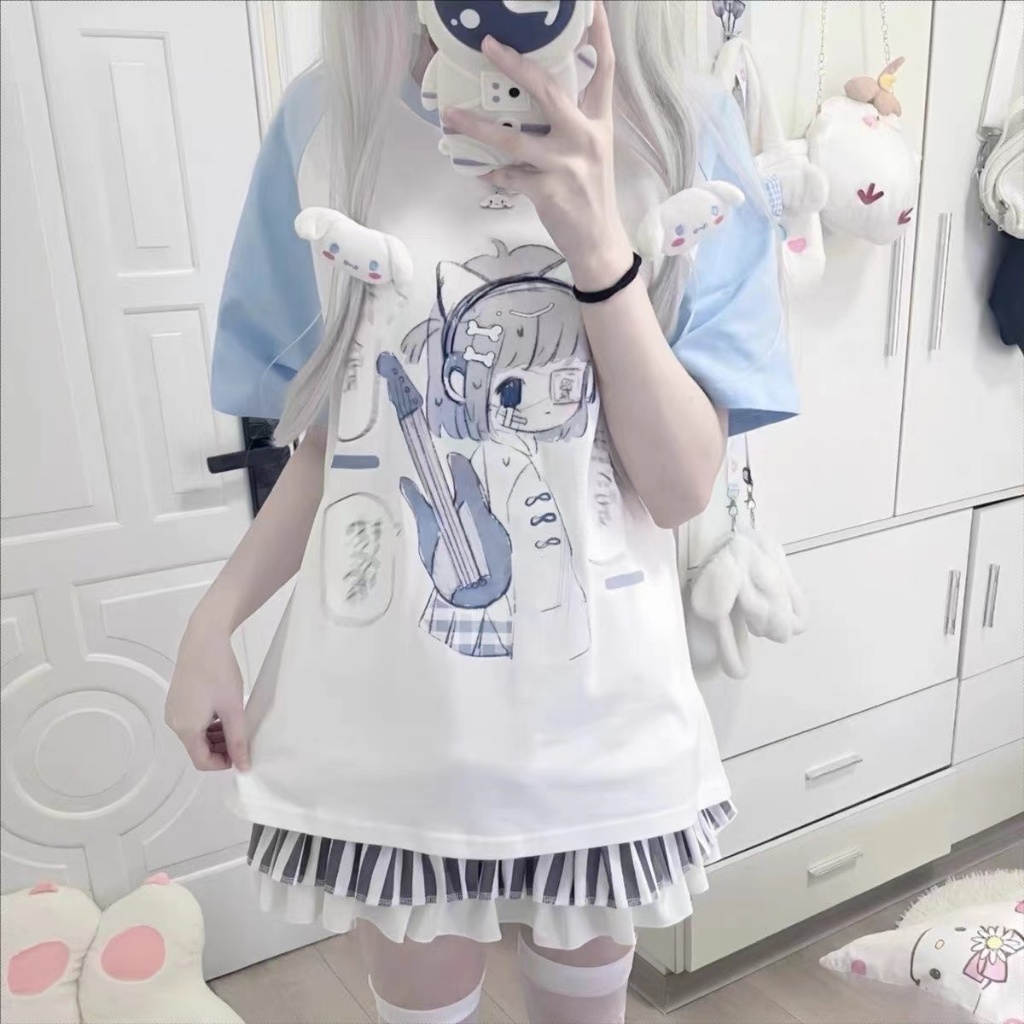 ญี่ปุ่นอะนิเมะการ์ตูนน้ําสีเสื้อยืดหญิงฤดูร้อนใหม่หลวมประกบแขนสั้นวัฒนธรรมย่อย ย2เค ด้านบนหญิง