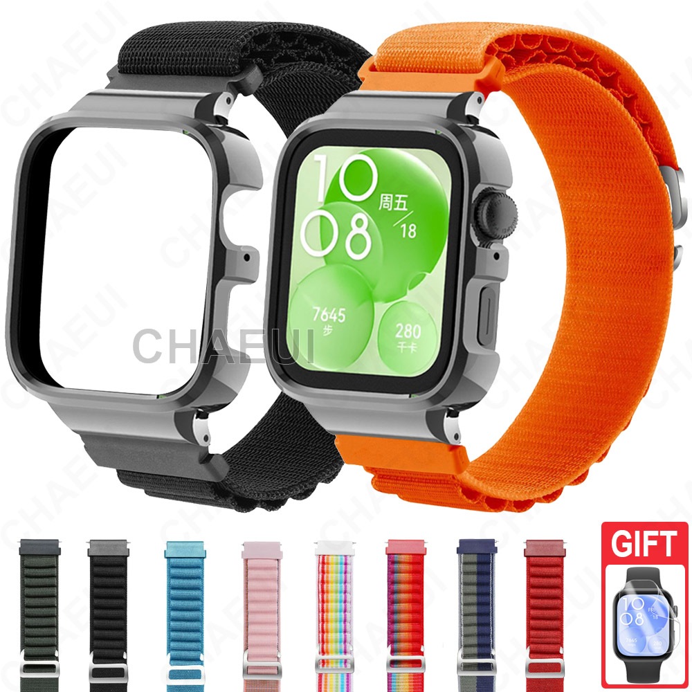 สายไนลอนทอพร้อมกรอบเคสสร้อยข้อมืออุปกรณ์เสริมสําหรับ Huawei Watch Fit 3 4 Pro