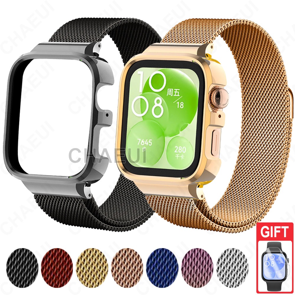 สายสแตนเลสสายโลหะพร้อมกรอบกรณีอุปกรณ์เสริมสร้อยข้อมือสําหรับ Huawei Watch Fit 3