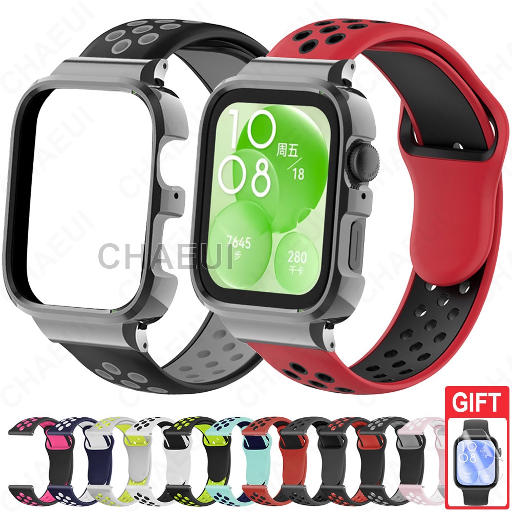 สายรัดซิลิโคนพร้อมเคสกรอบสร้อยข้อมือ Doublue การเปลี่ยนวงสีสําหรับ Huawei Watch Fit 3 4 Pro