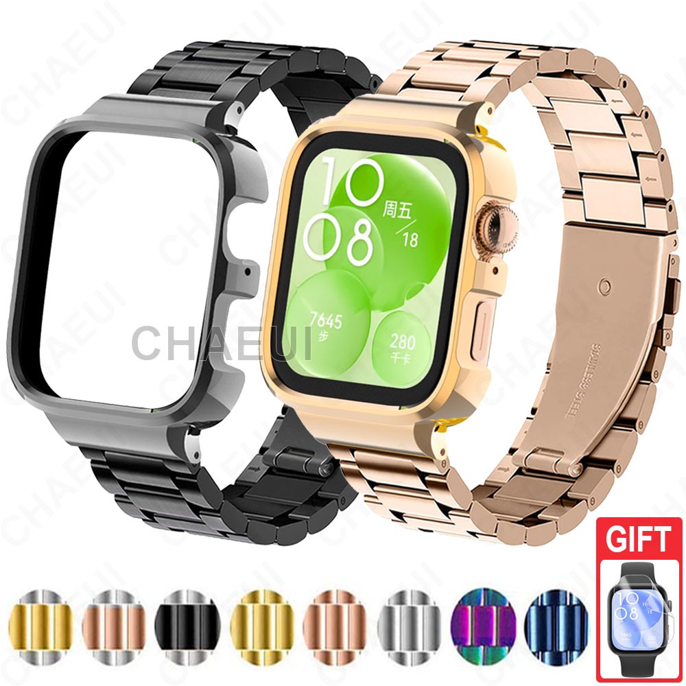 สายสแตนเลสพร้อมเคสกรอบโลหะสร้อยข้อมือเปลี่ยนสําหรับ Huawei Watch Fit 3 4 Pro