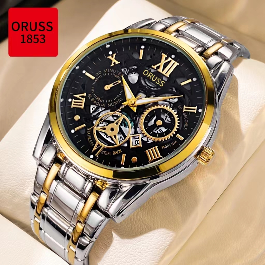 ORUSS Original Stainless Steel Date Luminous Hollow Luxury Business Mens Watch Fashion Gold Waterpro