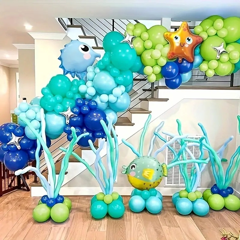 138ชิ้นภายใต้ทะเลบอลลูนโค้งชุดลูกโป่งสีฟ้าโค้งชุดสัตว์ทะเลฟอยล์บอลลูนสําหรับมหาสมุทรธีมงานเลี้ยงวันเกิดอุปกรณ์ตกแต่ง
