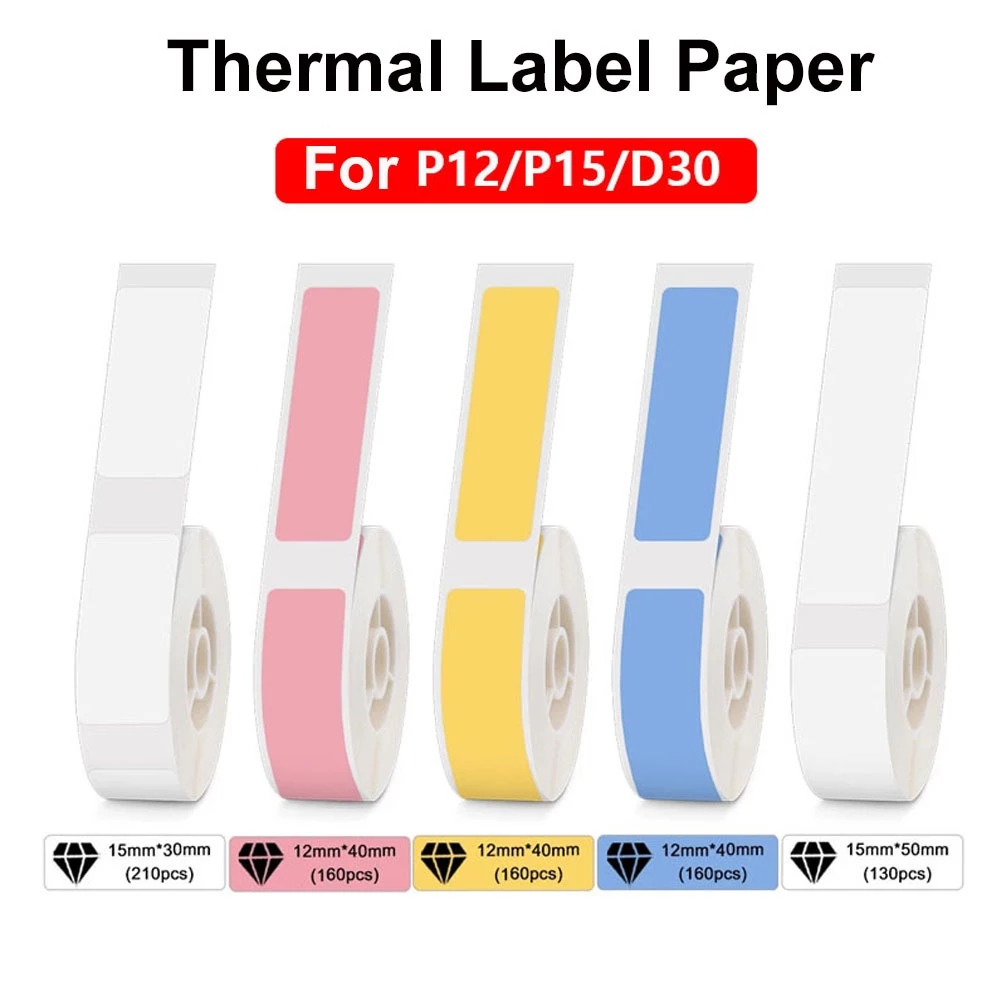 1 ม้วน P12 P15 กาวกระดาษ 15x30 มม.12x40 มม.สติกเกอร์ฉลากความร้อนสําหรับ P12/P50/Q30/D30 KingJim LR5C Office Label
