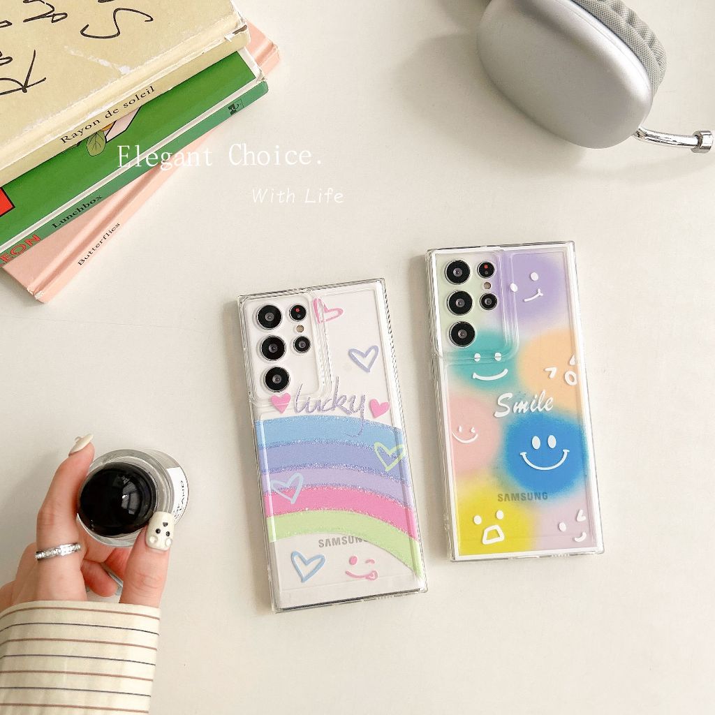 รุ้ง รักหัวใจ Smile เคส Samsung Galaxy S24 Ultra S23FE S20 S21 S22 S23 Ultra S21FE S20FE S10 Plus Note20 Ultra Note10 Plus Note10Lite A55 A35 A52 A35 A34 A33 A23 A25 A24 A15 Case โปร่งใส ป้องกันการตก ซิลิกาเจล นุ่ม ซัมซุง เคส