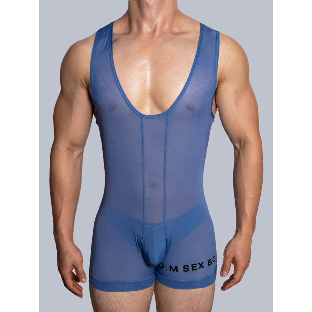 ง.ม จั๊มสูทผู้ชายผ้าไหมน้ําแข็งบางตาข่ายระบายอากาศกางเกงมุมแบนกางเกงกีฬาอินเทรนด์และโปร่งใส 8025