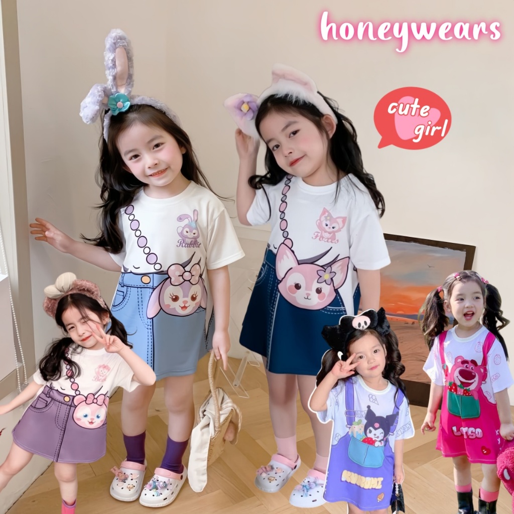 honeywears⚡️พร้อมส่ง⚡️ชุดเซ็ทเด็ก เดรสเด็กผู้หญิงพิมพ์ลายน่ารัก กระโปรงแขนสั้นฤดูร้อน ไซส์ 100-140