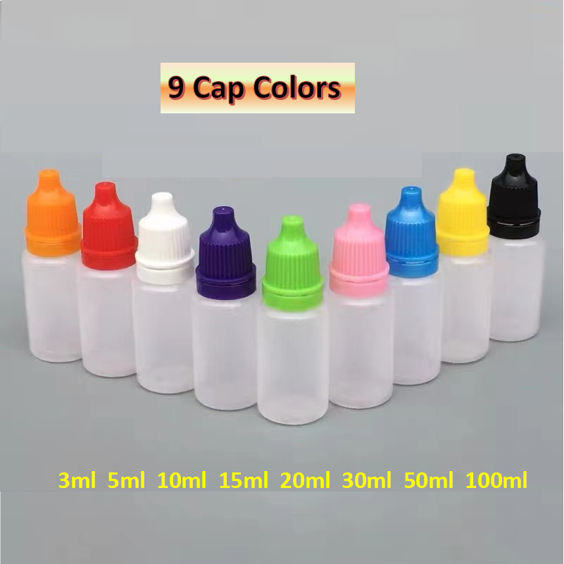 100pcs 3ml-100ml Squeezable Eye Dropper ขวดตัวอย่างคอนเทนเนอร์ที่มีสีสันหมวกสีฟ้าสีเขียวสีเหลืองสีดําหมวก