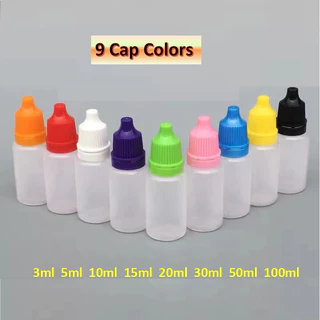 100pcs 3ml-100ml Squeezable Eye Dropper ขวดตัวอย่างคอนเทนเนอร์ที่มีสีสันหมวกสีฟ้าสีเขียวสีเหลืองสีดําหมวก