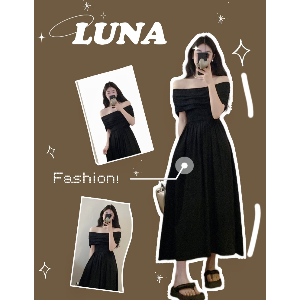 Luna Shop 2024 ฤดูร้อนใหม่อารมณ์สีดำชุดเดรสทรงเอไหล่เดียวยาวปานกลางอเนกประสงค์