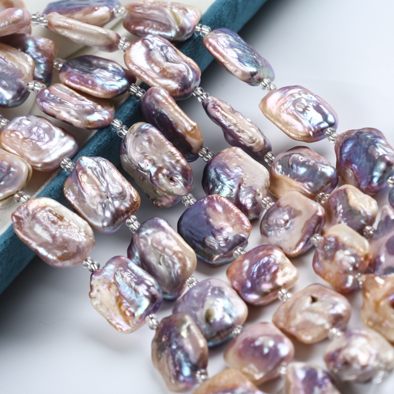 19 ซม. 15-17 มม. สีม่วงรูปสี่เหลี่ยมผืนผ้าไข่มุกน้ําจืดธรรมชาติ สาระ สําหรับทําเครื่องประดับ