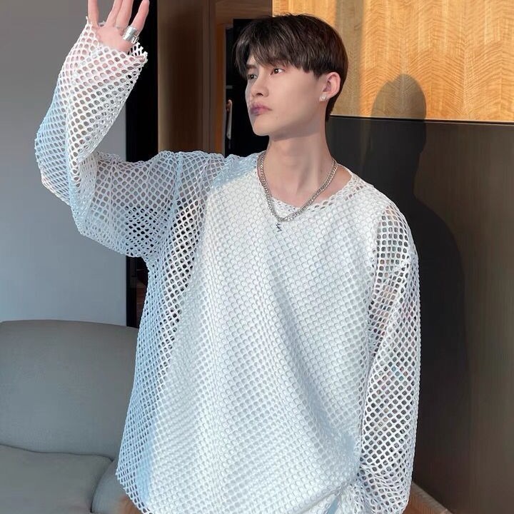 ฤดูร้อน Cool Hollowed Out ตาข่ายเสื้อยืดแขนยาวผู้ชายและผู้หญิง Ins Tide หลวมการออกแบบอเนกประสงค์ Niche Tops