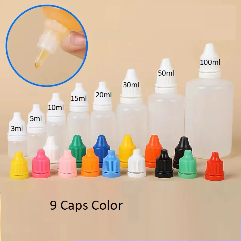 100pcs 3ml-100ml Squeezable Eye Dropper ขวดตัวอย่างคอนเทนเนอร์ที่มีสีสันหมวกสีฟ้าสีเขียวสีเหลืองสีดําหมวก