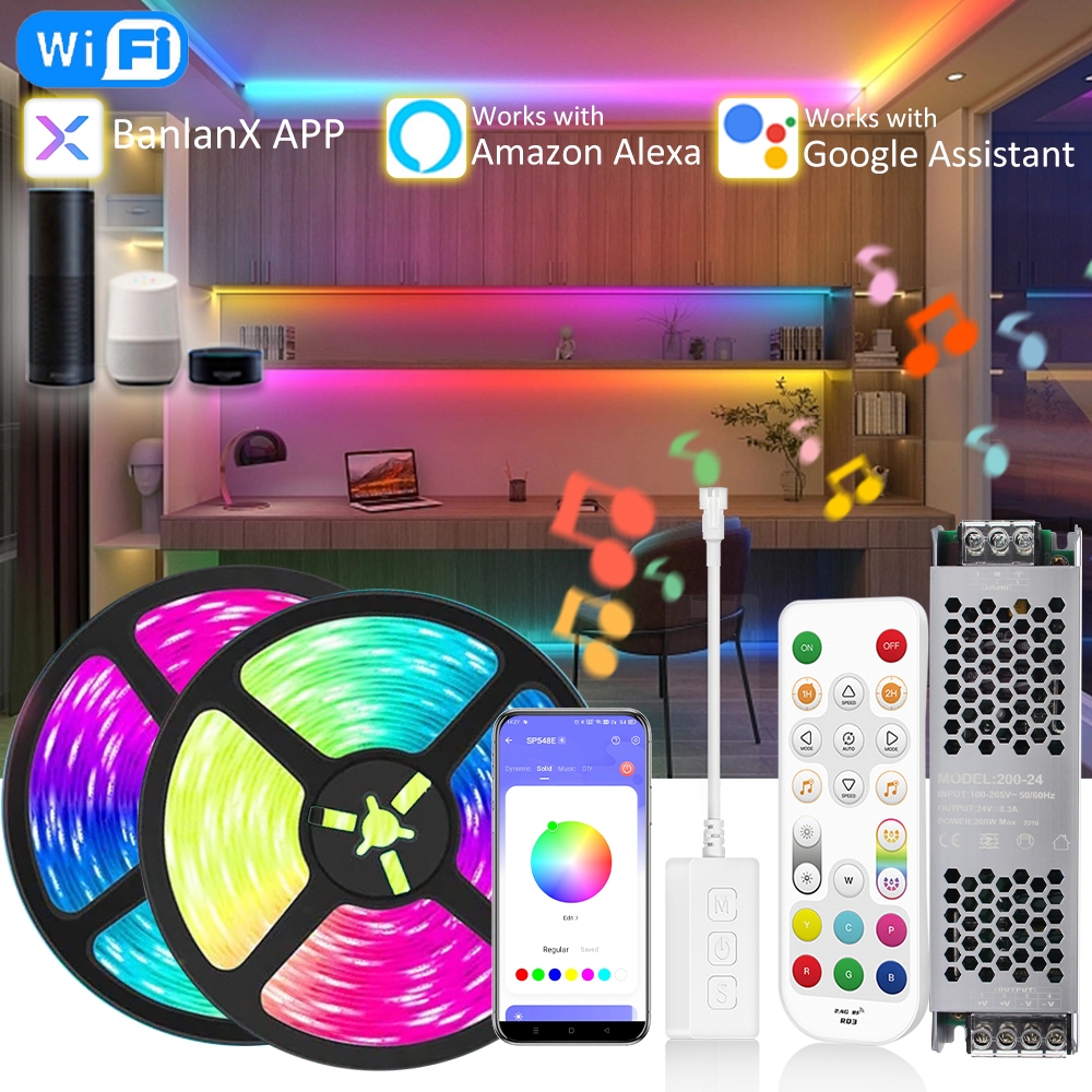 สายไฟ LED RGBIC 5 เมตร 10 เมตร 15 เมตร 20 เมตร Wifi 24V COB WS2811 พิกเซล ริบบิ้นยืดหยุ่น รังนางฟ้า APP IR รีโมตควบคุมด้วยเสียง Alexa